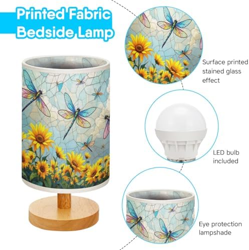 Dragonfly Table Lamp LED 3-Color Pressed Bedside, Dragonfly Shade Lamp with Wood Base for Bedroom Living Room Desk Office TL01