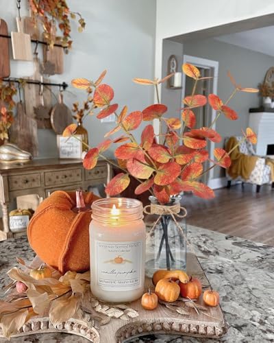 Bessol Fall Artificial Eucalyptus Stems in Glass Vase with Faux Water 14" Autumn Eucalyptus Branches Fall Home Table Decor Fake Fall Plants Stems for Farmhouse Kitchen Bathroom Decorations