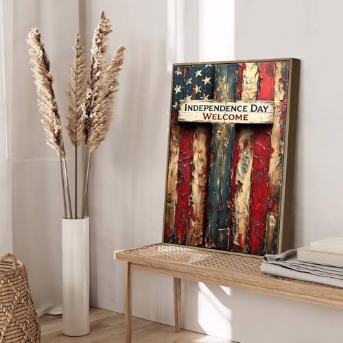 American Flag Framed Canvas Wall Art, 4th of July Patriotic Canvas Prints | USA Flag Wood Texture Poster Print, 4th of July Red White Blue Wall Decor for Bedroom Living Room 24×32in