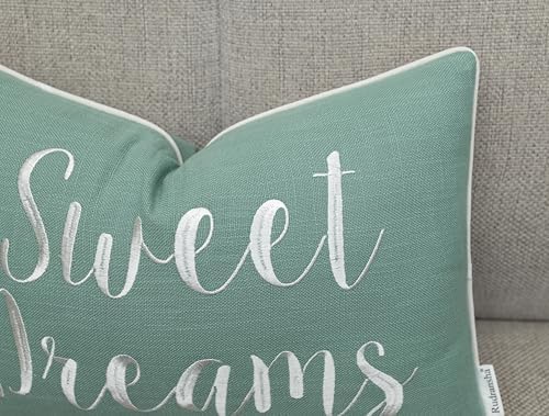 Rudransha Sweet Dreams Light Teal Lumbar Pillow Cover 12x18 – Embroidered Script Quote Cotton Cushion Case – Good Night Sleep Bedroom Nursery Decor for Bed Crib Guest Room