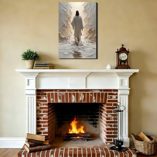 Jesus Walking on Water Surreal Canvas Wall Art, Christian Spiritual Picture Wall Decor, Modern Religious Posters Prints for Living Room Bedroom Church Holiday Decoration