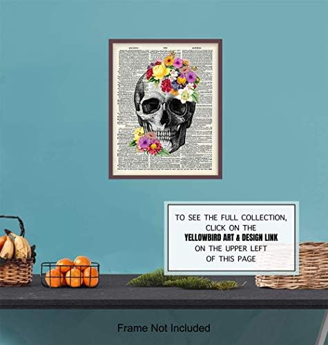 Floral Skull Dictionary Wall Art Decor Anatomy Print - 8x10 Upcycled Vintage Home Decoration for Bedroom, Bathroom - Unique Shabby Chic Gift for Steampunk, Goth Fans, Women - Unframed
