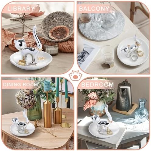 OSOPOLA Ceramic Silver Cat Jewelry Tray Ring Holder Dish Key Tray