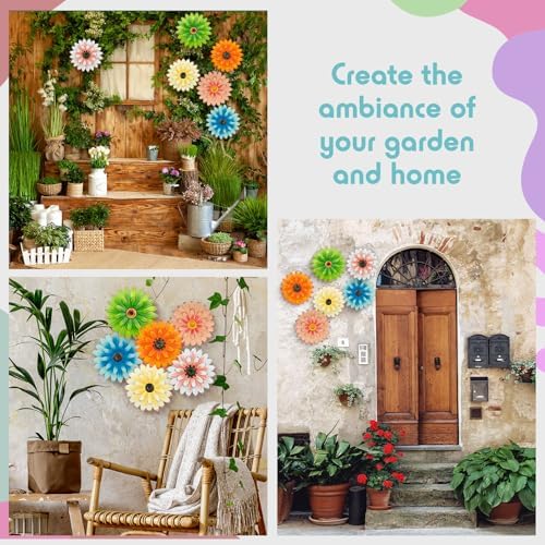 Zhehao 6 Pcs Metal Flower Wall Art Decor 10 Inch Sunflower Wall Decorations Hanging Outdoor Art Multicolored Handmade Metal Flowers Outdoor Decor(Elegant Color)