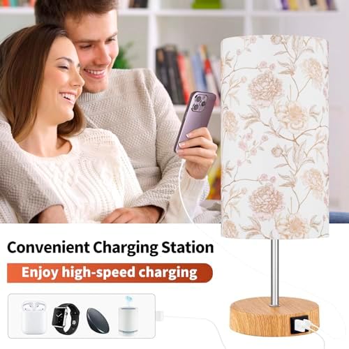 Lolikit Bedside Touch Lamp, Wood Small Table lamp with 2 USB Charging Ports & Flower Fabric Shade, 3-Way Dimmable Nightstand Lamps for Living Room Bedroom Office Reading Desk Home Dorm Pink