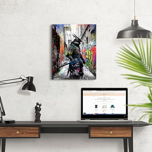 Wesluin 8"x10" Graffiti Samurai Canvas – Colorful Anime Japanese Wall Art | Urban warrior explodes from neon graffiti alley. Melding anime flair & street edge. Hook included, ready to hang.