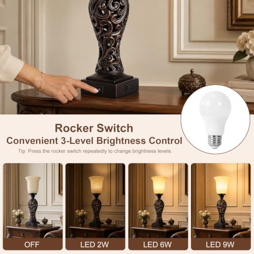 Vintage Table Lamp with 3-Way Dimmable LED Bulb, 2 USB Ports, Dark Brown