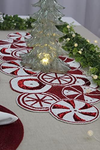 COTTON CRAFT Christmas Beaded Table Runner -13x36 inch Candy Cane Red