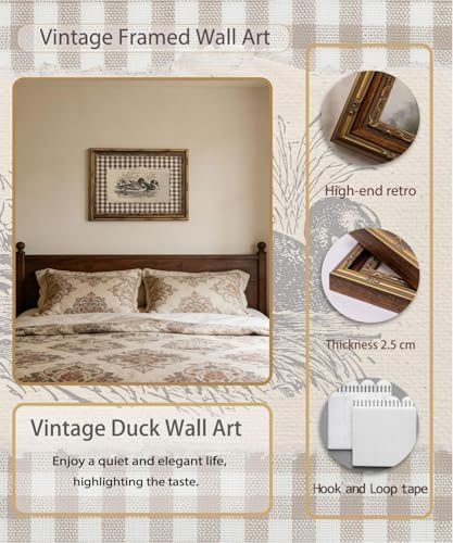 Vintage Gold Framed Wall Art Vintage Duck Wall Art Rustic Farmhouse Brown Gingham Duck Wall Decor Picture Country Cottage Illustration Poster Print Artwork for Living Room Bedroom 9x11in