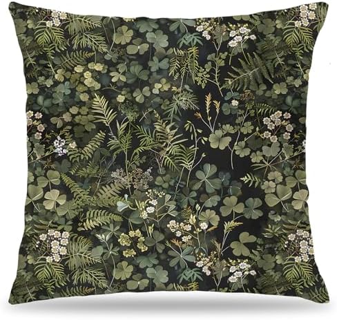 Dark Green Botanical Pillow Covers 18x18 Double-Sided, Plant Room Decor, Vintage Rustic Cottagecore Forest Fern Leaves and Wildflower Decorative Throw Pillow Covers