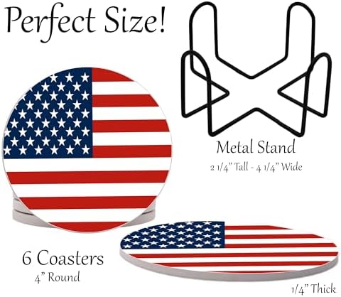 USA American Flag United States Round Coasters Set of 6 - Abosrbent Ceramic with Metal Stand for Drinks, Coffee, Non-Slip Cork Back for Tabletop Protection, 4 Inches (Old Glory)