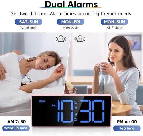 Digital Alarm Clocks,Large Big Numbers Cute clocks for Bedrooms,college dormitories,Teens,Modern Décor Plug in Clock with USB Charger Port Adjustable 3-Levels volume,5 Dimmers,Battery Backup (Pink)
