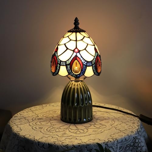 Tiffany Stained Glass Mushroom Table Lamp 12.5 Inch -Pink Peacock