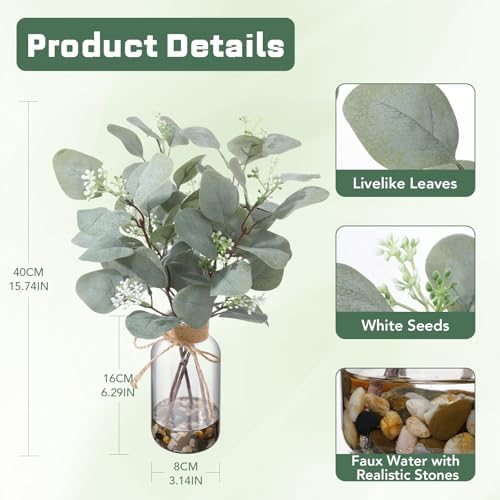 Artificial Eucalyptus Stems in Glass Vase, 15.74 in Greenery