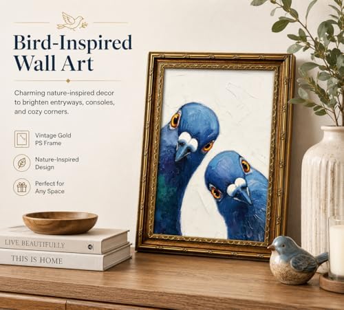 CXKAWM Vintage Gold Framed Whimsical Pigeon Canvas Wall Art 12x16in | Funny Blue Bird Wall Decor Picture Modern Animal Poster Print for Living Room Dining Room Home Decoration