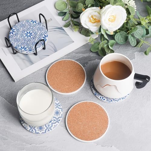 Coasters with Holder,Blue and White Style Ceramic Drink Coaster, Absorbent Coaster Sets of 6 for Tabletop Protection,Suitable for Kinds of Cups,Cool Home Decor, Wooden Table, 4.1 Inches