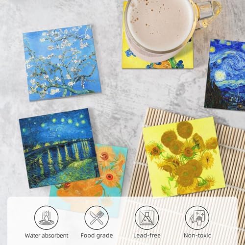 Coaster for Drinks Set of 6,Famous Van Gogh Paintings Absorbent Round Ceramic Stone Mat, with Cork Base and Metal Holder, Gift for Housewarming Room Bar Decor