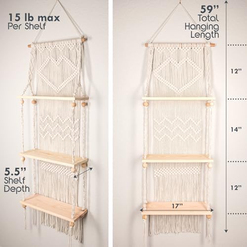 SnugLife Macrame Wall Hanging Shelf - 3 Tier Wall Plant Hanger Shelves with Handmade Woven Rope - Boho Shelves Organizer for Kitchen, Bathroom, Home Storage, Floating Plant Shelf (Pine Wood)