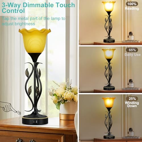 Amber Touch Torchiere Bedside Table Lamps Set of 2,With 2 USB Charging