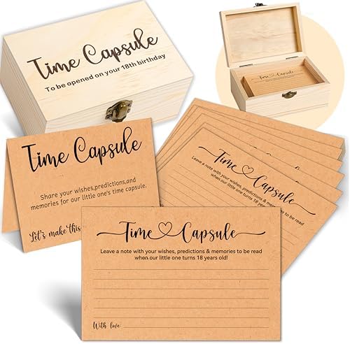 Time Capsule Box 1st Birthday, Baby Time Capsule Kit with 50 Cards, Party Games & Guest Activities, Baby Shower Decor Storage Box, Memorial Blessing Quotes Keepsake Gift