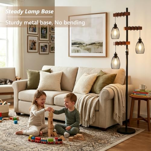 Industrial Floor Lamps for Living Room, Stable Standing Lamp with Metal Cage Shade, Wood Floor Lamp for Bedroom Reading Office, Dimmable Tall Lamp Rustic Home Decor Corner Lamp