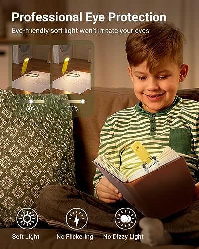DEWENWILS Rechargeable Book Light for Reading in Bed, Warm White, Brightness Adjustable for Eye Care, LED Clip on Book Lights for Kids, Portable Bookmark Light, Yellow