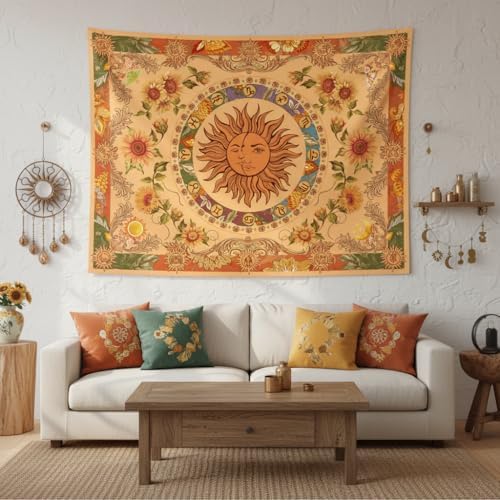 Accnicc Yellow Sun and Moon Tapestry Vintage Indie Boho Tapestry Wall Hanging with Sunflowers Butterfly Moth Constellation Aesthetic Wall Tapestries for Bedroom Dorm Living Room (Orange, 70.8'' ×
