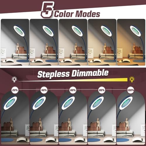 10X Magnifying Glass with Light and Stand, 5 Color Modes Stepless Dimmable LED Lighted Desk Lamp, Hands Free Flexible Gooseneck Magnifier with Light for Craft Hobby Painting Close Work - Blue