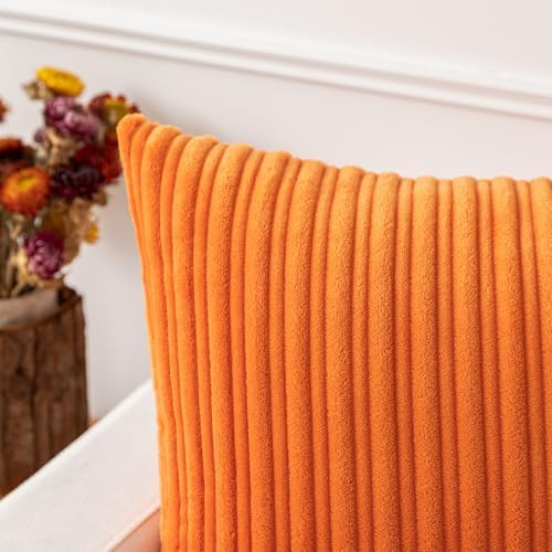 Kevin Textile Striped Corduroy 16”x16” Pillow Covers 2 Pack, Orange