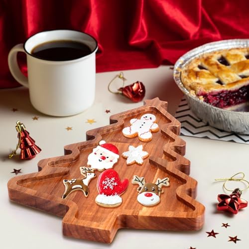 Acacia Wood Christmas Tree Tray - Decorative Serving Platter, Festive Plate, Xmas Dish & Wooden Charcuterie Board for Holiday Gift, Cheese, Fruit, Veggie & Cookie, Food, Snack, 16” x 10”