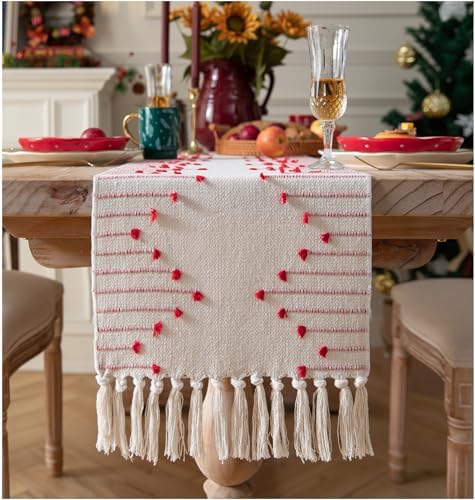 Christmas Table Runner 13 x 108 Inch Long Natural Cotton Woven Runner with Tassels for Home Dining Christmas Decorations, for Modern Farmhouse Holiday Boho Table Runner, Red and Beige