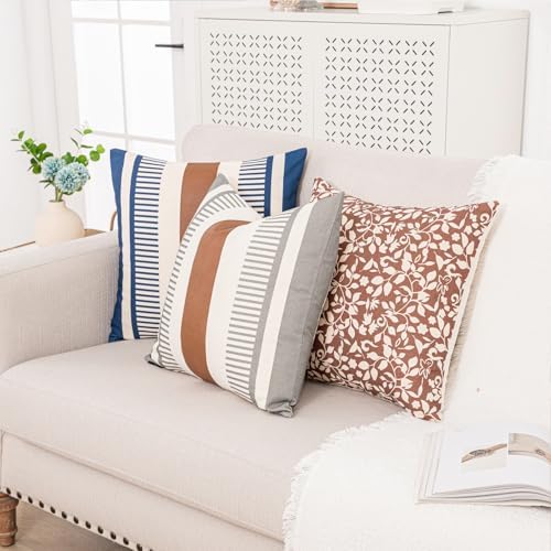 2 Pack 18x18 Inch Pillow Covers - Brown Faux Leather & Gray Stripe Print Soft Cotton Splicing, Same Pattern Both Sides | for Sofa Couch Bed Living Room, Farmhouse Industrial Minimalist Decor