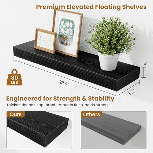 Fun Memories Floating Shelves Set of 2, 24 Inch Floating Shelves for Wall, Wood Wall Shelves with Invisible Brackets, for Bathroom, Bedroom, Living Room, Kitchen, Black