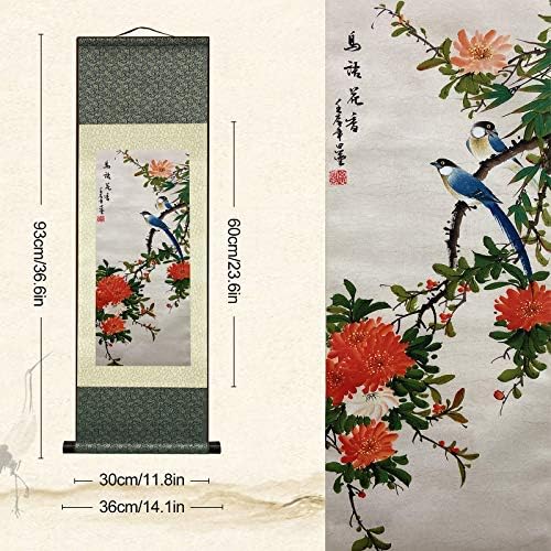 AtfArt Wall Art 4 Pack Asian Decor Birds & Flowers Silk Scroll Painting (36.2 x 12 in) - Chinese Art Wall Hanging, Fade-Resistant, Home Office