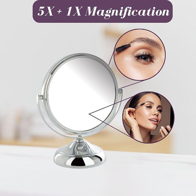 Jerdon 5.5" Tabletop Makeup Mirror - 5X Magnification - Chrome - MC247C | Two-Sided 1X View, 7.5" Tall