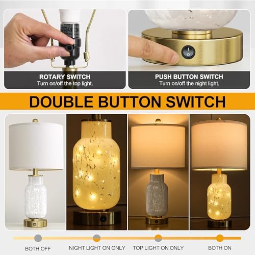 Oneach 22" Glass Table Lamps Set of 2 with Night Light for Bedroom, White