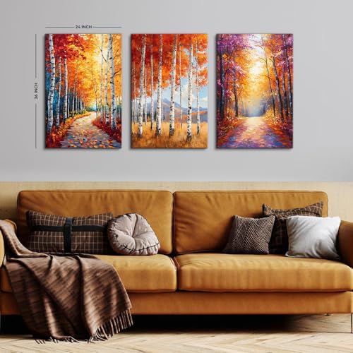 Orange Autumn Forest Wall Art Fall Forest Wall Decor Nature Woodland Pictures Gold Yellow Trees Landscape Canvas Prints Painting Botanical Artwork for Kitchen Living Room Home Decoration 24x36" 3Pcs