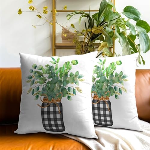 Green Eucalyptus Leaves Pillowcase 18x18 Inch Set of 2 Spring Summer Theme Botanical Print Outdoor Throw Pillow Covers Black White Buffalo Plaid Mason Jar Decorative Cushion Cover for Home Sofa