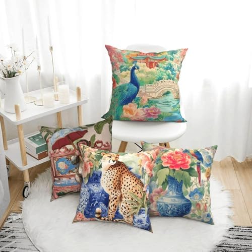 Chinoiserie Throw Pillow Covers Set of 4 Decorative Soft Double Sided Print Pillow Case Farmhouse Home Decor for Living Room Sofa Couch 18x18