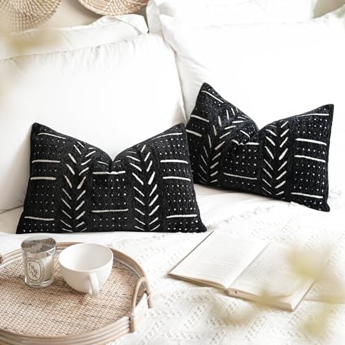 BlissBlush Black Decorative Lumbar Throw Pillow Covers 12X20, Set of 2, Boho Farmhouse Cushion Cover, Soft Accent Pillowcase for Couch Sofa Bed Living Room Home Décor