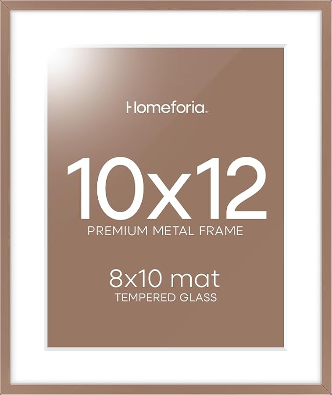 Homeforia 10x12 Mocha Picture Frame, High-End Metal, 8x10 Mat, Glass