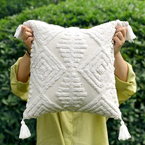 Boho Throw Pillow Covers 20x20 Tufted Tassels for Sofa Off-White