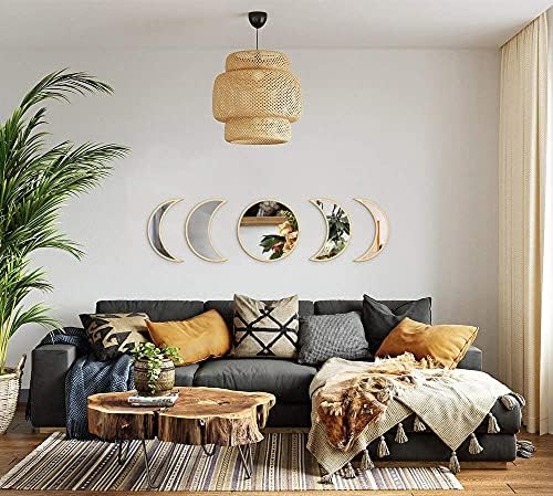 MAXROCK Moon Phase Mirror Set, 5 Piece Scandinavian Natural Decor Wall Decorative Home Decor Bohemian Moon Mirror for Living Room Bedroom, Acrylic Mirror, Not Real Mirror