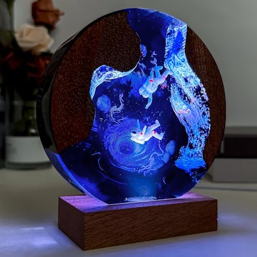 Handmade Galaxy Resin Lamp, 3D Cosmic Universe Lamp with Wooden Base