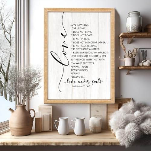 Love is Patient Love is Kind Framed Wall Art, 11''×16'' Positive Narrow Holy Religious Christian Saying Sign for God Jesus Christ Prayer, Vintage Inspirational Catholic Scripture Decor
