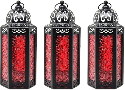 Vela Lanterns Decorative Indoor Moroccan Candle Holder, Red, M, 3-Pack