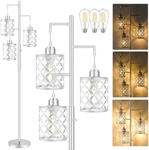 72" Modern Tree Floor Lamp, Dimmable Minimalist Tall Standing Lamp with Metal Cages & Rotary Dimmer Knob, Corner Decor Lighting for Living Room Bedroom Cafe, 3 x 800LM Bulbs Included-Silver
