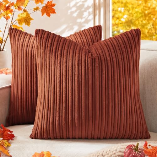 Kevin Textile Striped Corduroy 16”x16” Pillow Covers 2 Pack, Rust