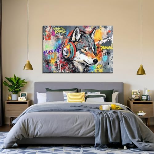 Wolf Canvas Wall Art - Wolf Wall Decor Graffiti Picture Funny Animal Listen to Music Painting Inspirational Prints Pop Artwork Office Living Room Home Decor Framed(Wolf-16,16.00"x24.00")