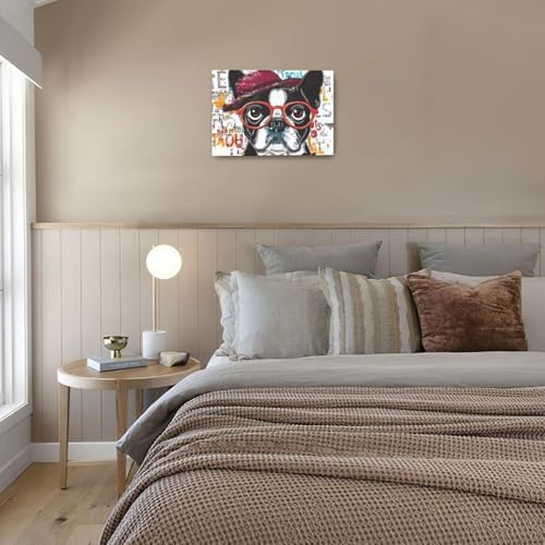 French Bulldog Decor Wall Art Funny Graffiti Dog Pictures Cute Puppy Canvas Prints Painting Pet Artwork English Bulldog Decorations for Bathroom Bedroom Living Room Framed Dog Lover Gifts 16"x24"